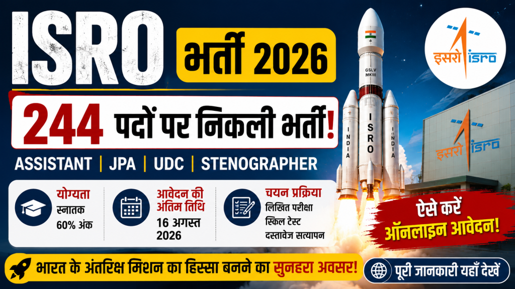 ISRO Recruitment 2026 के 244 पदों की भर्ती से संबंधित पोस्टर, जिसमें भारतीय अंतरिक्ष अनुसंधान संगठन (ISRO) का लोगो और सरकारी नौकरी की जानकारी दर्शाई गई है