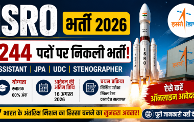 ISRO Recruitment 2026 के 244 पदों की भर्ती से संबंधित पोस्टर, जिसमें भारतीय अंतरिक्ष अनुसंधान संगठन (ISRO) का लोगो और सरकारी नौकरी की जानकारी दर्शाई गई है