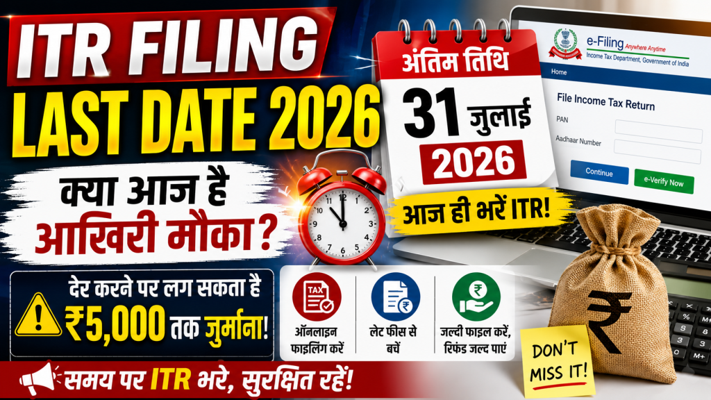 ITR Filing Last Date 2026 की अंतिम तिथि, ऑनलाइन इनकम टैक्स रिटर्न फाइलिंग, ₹5000 तक लेट फीस और आयकर विभाग की जानकारी दर्शाता हुआ थंबनेल।