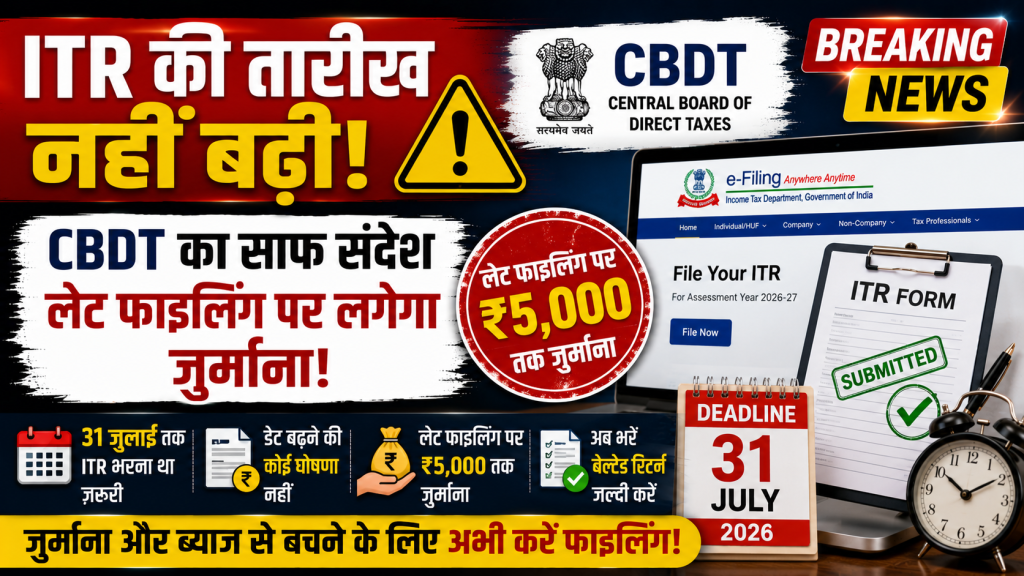 CBDT द्वारा ITR की अंतिम तिथि पर जारी अपडेट