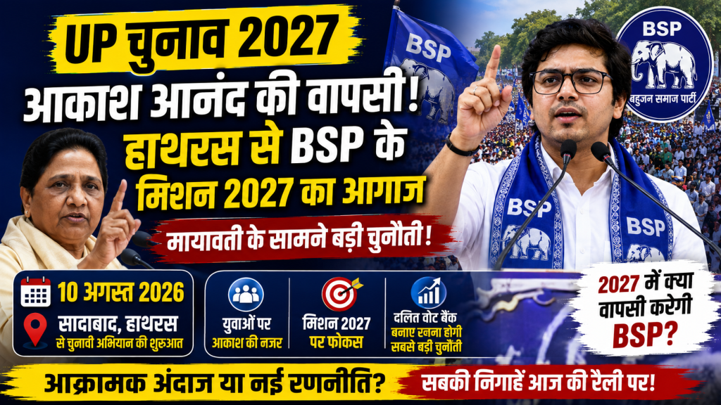 आकाश आनंद की हाथरस सादाबाद रैली और BSP के मिशन 2027 अभियान को दर्शाता हुआ उत्तर प्रदेश चुनाव समाचार थंबनेल