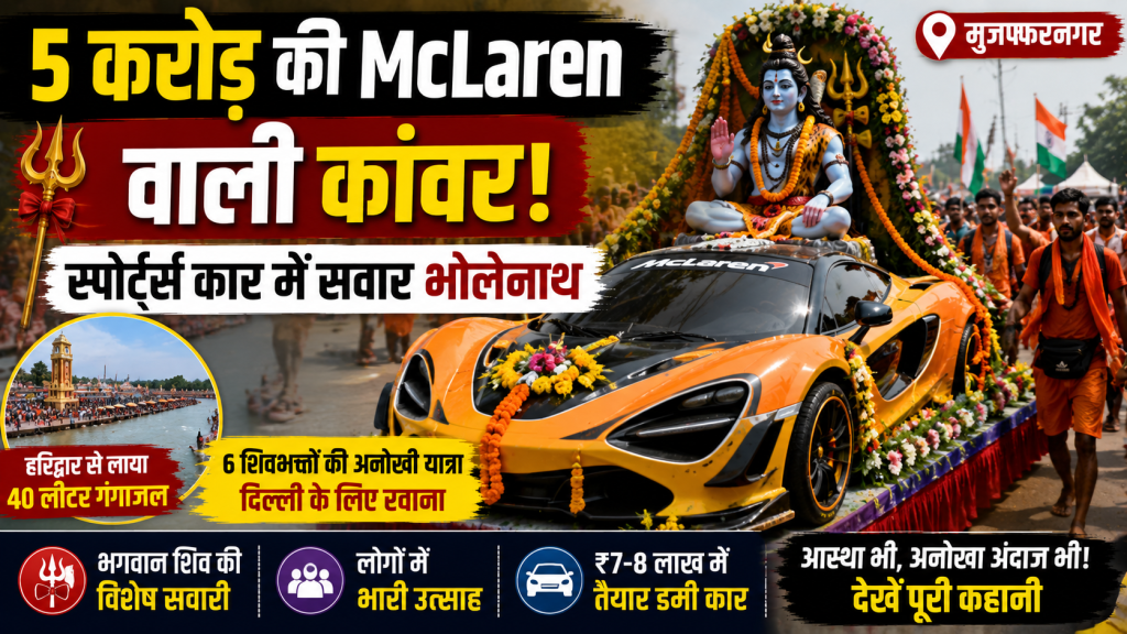 Text: मुजफ्फरनगर में McLaren जैसी डमी स्पोर्ट्स कार में विराजमान भगवान शिव की अनोखी कांवड़, जिसे छह शिवभक्त हरिद्वार से दिल्ली लेकर जा रहे हैं