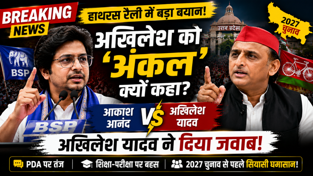 हाथरस रैली में आकाश आनंद और अखिलेश यादव के बीच राजनीतिक बयानबाजी का प्रतीकात्मक दृश्य।