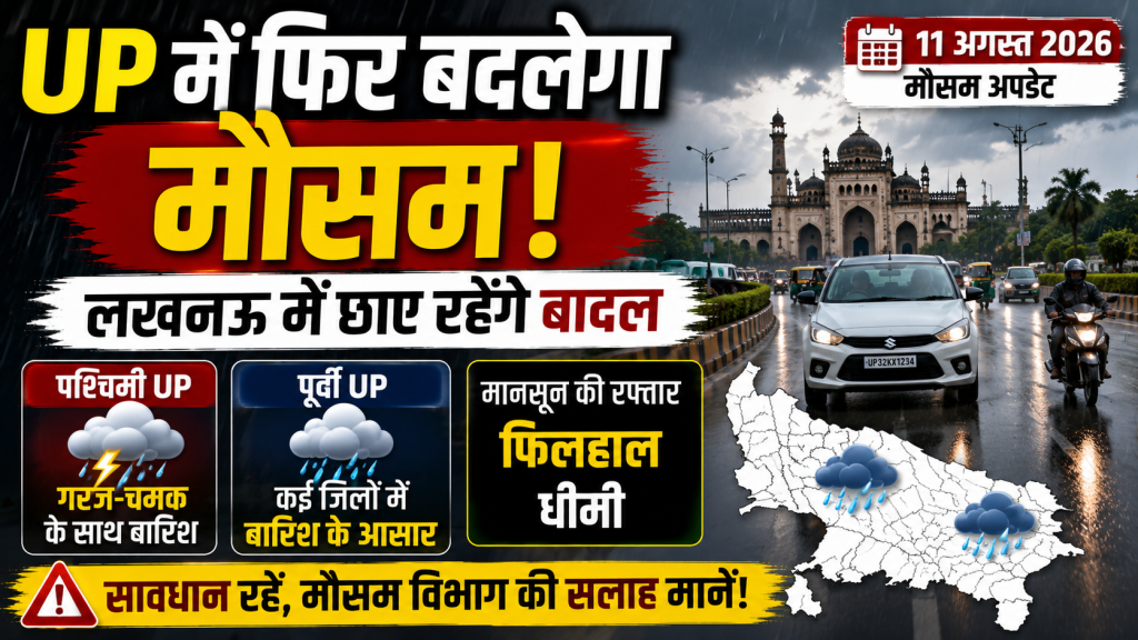 11 अगस्त 2026 को उत्तर प्रदेश में मौसम बदलाव, लखनऊ में बादल और पश्चिमी-पूर्वी यूपी में बारिश की संभावना दर्शाता हुआ मौसम समाचार थंबनेल