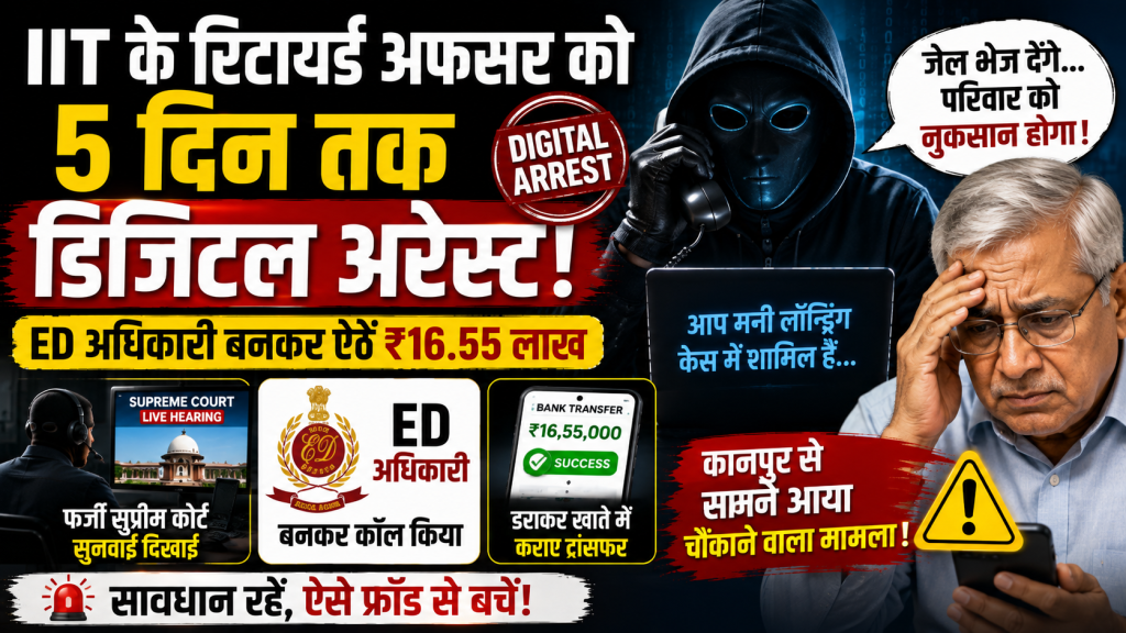 कानपुर में IIT के रिटायर्ड अधिकारी को Digital Arrest के नाम पर साइबर ठगी और ₹16.55 लाख की धोखाधड़ी दर्शाता हुआ न्यूज थंबनेल