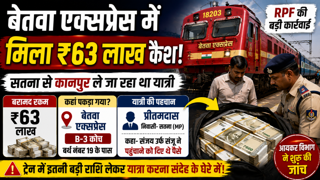 बेतवा एक्सप्रेस में RPF द्वारा यात्री के पास से बरामद किए गए 63 लाख रुपये नकद की खबर दर्शाता हुआ न्यूज थंबनेल