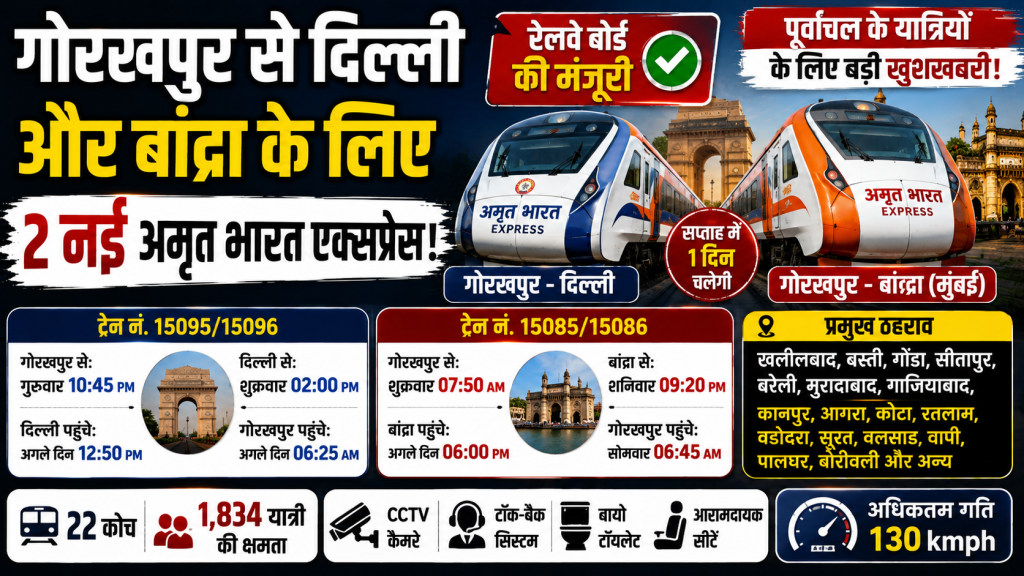 गोरखपुर से दिल्ली और बांद्रा के लिए चलने वाली दो नई अमृत भारत एक्सप्रेस ट्रेनों की खबर दर्शाता हुआ रेलवे न्यूज थंबनेल
