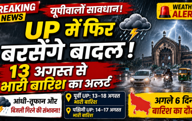 उत्तर प्रदेश में भारी बारिश, आंधी और बिजली की चेतावनी को दर्शाता मौसम समाचार दृश्य।