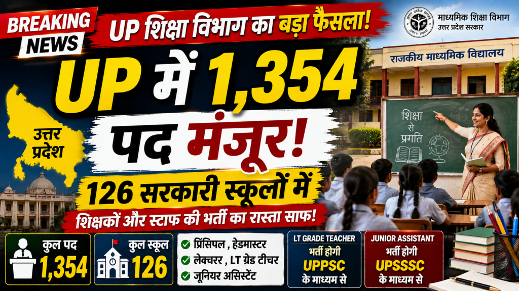 उत्तर प्रदेश के सरकारी स्कूलों में 1,354 नए पदों की मंजूरी और शिक्षक भर्ती को दर्शाता शिक्षा समाचार दृश्य।