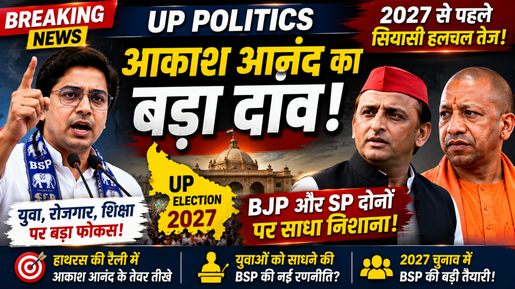 उत्तर प्रदेश की राजनीति में 2027 चुनाव से पहले आकाश आनंद की सक्रियता और BJP तथा SP पर राजनीतिक हमले को दर्शाता समाचार दृश्य।