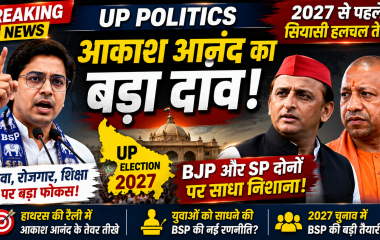 उत्तर प्रदेश की राजनीति में 2027 चुनाव से पहले आकाश आनंद की सक्रियता और BJP तथा SP पर राजनीतिक हमले को दर्शाता समाचार दृश्य।