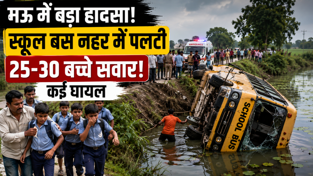 उत्तर प्रदेश के मऊ में बच्चों को लेकर जा रही स्कूल बस नहर में पलट गई। बस में करीब 25-30 छात्र सवार थे। हादसे में कई बच्चों के घायल होने की सूचना है।