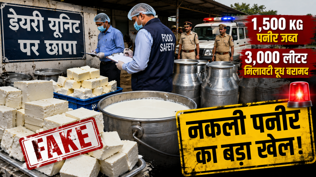 मथुरा में खाद्य सुरक्षा विभाग की कार्रवाई के दौरान बरामद संदिग्ध पनीर और मिलावटी दूध का प्रतीकात्मक दृश्य।