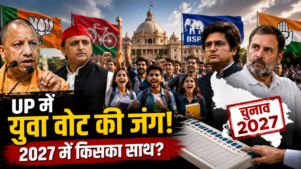 उत्तर प्रदेश में 2027 विधानसभा चुनाव से पहले युवा मतदाताओं को जोड़ने की कोशिश करती प्रमुख राजनीतिक पार्टियों का प्रतीकात्मक दृश्य। Image Caption: