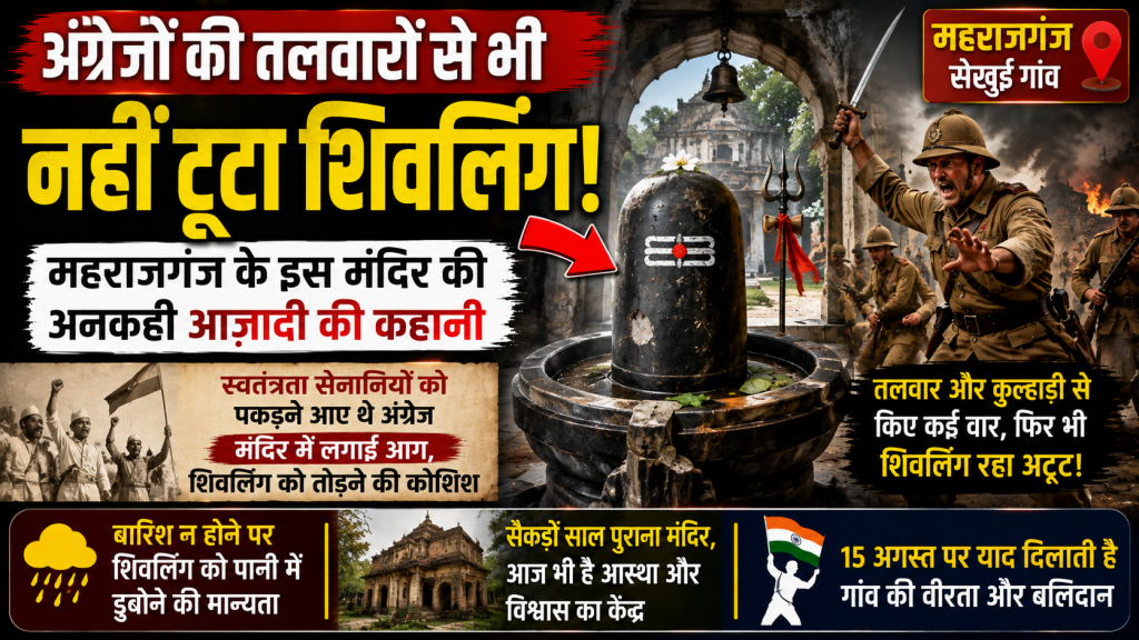 महराजगंज के सेखुई गांव के प्राचीन शिव मंदिर और अंग्रेजों की तलवारों से शिवलिंग को नुकसान पहुंचाने की स्थानीय लोककथा दर्शाता हुआ न्यूज थंबनेल