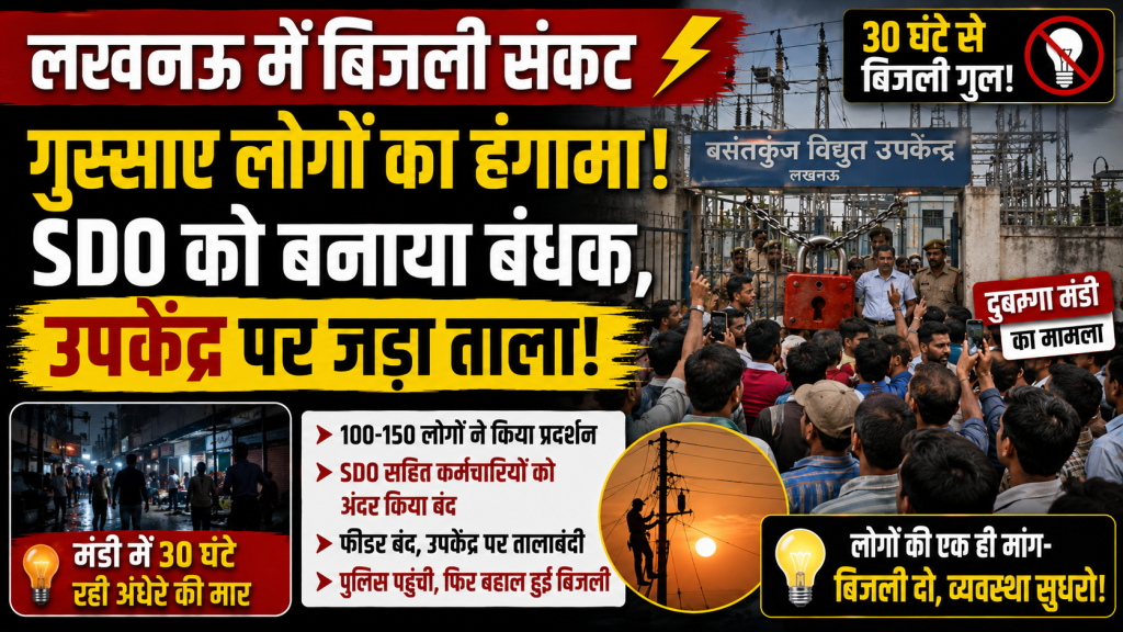 लखनऊ के दुबग्गा में 30 घंटे बिजली गुल रहने के बाद बसंतकुंज उपकेंद्र पर प्रदर्शन और तालाबंदी की घटना दर्शाता हुआ न्यूज थंबनेल