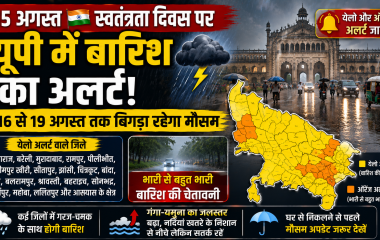 15 अगस्त 2026 को उत्तर प्रदेश में भारी बारिश के अलर्ट, यलो और ऑरेंज अलर्ट वाले जिलों को दर्शाता हुआ मौसम समाचार थंबनेल