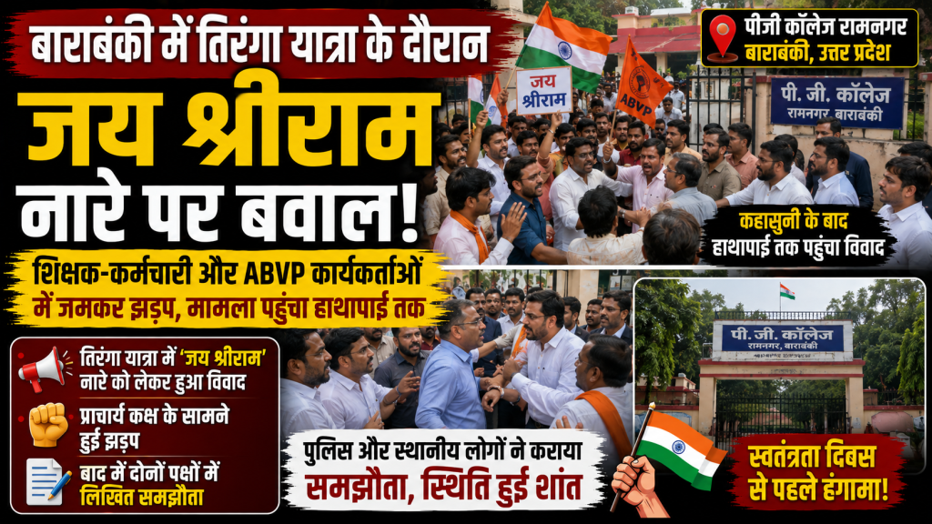 बाराबंकी के पीजी कॉलेज रामनगर में तिरंगा यात्रा के दौरान जय श्रीराम नारे को लेकर शिक्षक-कर्मचारियों और ABVP कार्यकर्ताओं के बीच विवाद की खबर का न्यूज थंबनेल
