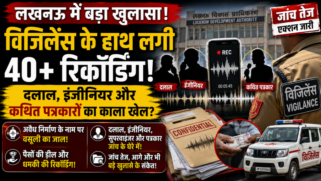 लखनऊ में अवैध निर्माण से जुड़े कथित भ्रष्टाचार मामले में विजिलेंस को मिली 40 से ज्यादा ऑडियो रिकॉर्डिंग की जांच दर्शाता हुआ न्यूज थंबनेल