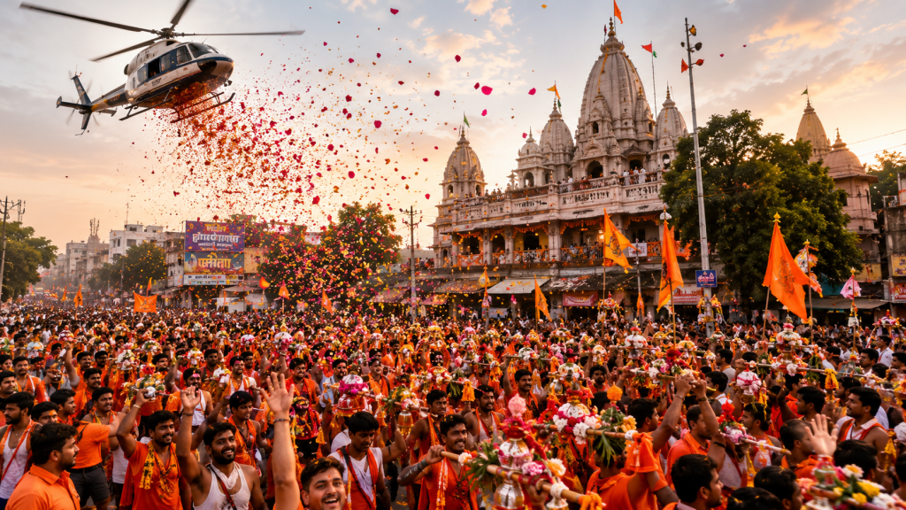 बरेली में सावन के तीसरे सोमवार पर कांवड़ियों और श्रद्धालुओं पर हेलिकॉप्टर से फूल बरसाते प्रशासनिक अधिकारी।