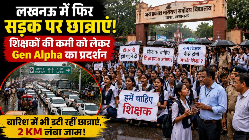 लखनऊ के जय प्रकाश नारायण सर्वोदय विद्यालय की छात्राओं का शिक्षकों की कमी और स्कूल सुविधाओं को लेकर सड़क पर प्रदर्शन।