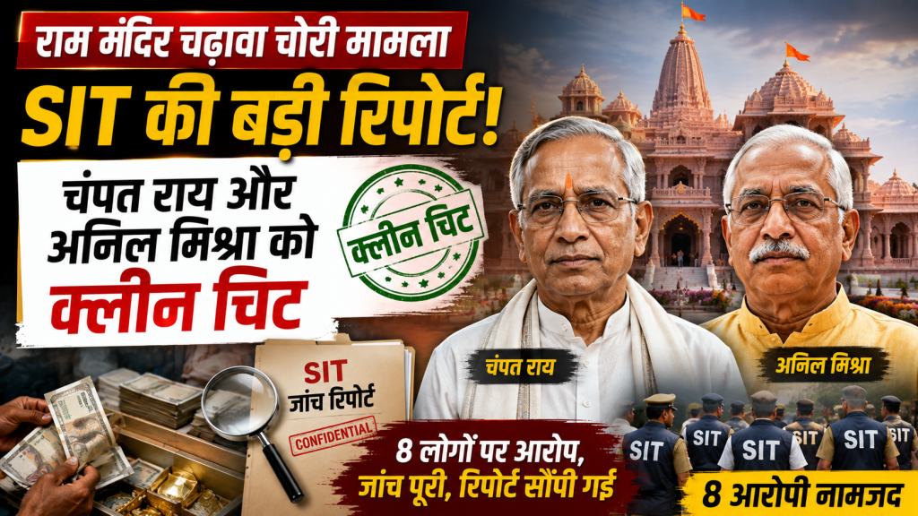 अयोध्या राम मंदिर चढ़ावा चोरी मामले में SIT की अंतिम रिपोर्ट और चंपत राय व अनिल मिश्रा को आरोपी नहीं बनाए जाने का समाचार दृश्य।