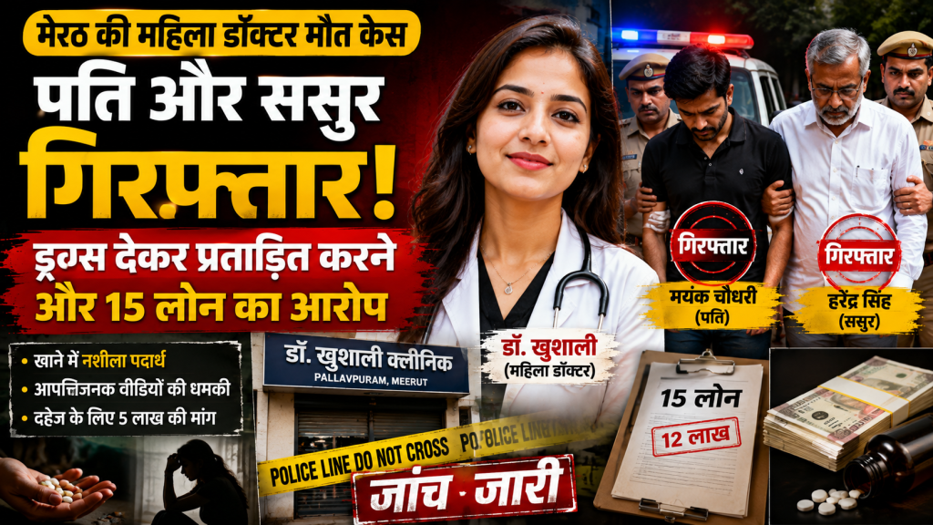 मेरठ में महिला डॉक्टर डॉ. खुशाली की मौत के मामले में पति और ससुर की गिरफ्तारी तथा पुलिस जांच को दर्शाता प्रतीकात्मक समाचार दृश्य।