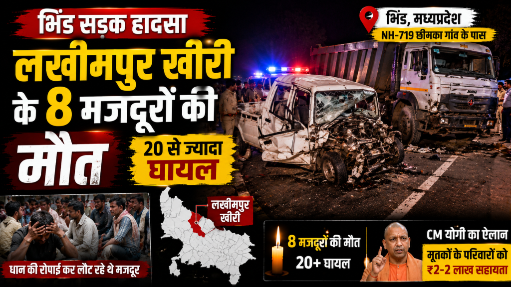 मध्य प्रदेश के भिंड में पिकअप और डंपर की टक्कर के बाद सड़क हादसे में लखीमपुर खीरी के मजदूरों की मौत और राहत बचाव अभियान का प्रतीकात्मक दृश्य