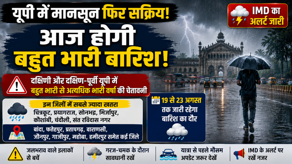 उत्तर प्रदेश में 19 अगस्त 2026 को भारी बारिश और IMD अलर्ट दर्शाता हुआ मौसम समाचार थंबनेल