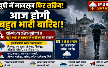 उत्तर प्रदेश में 19 अगस्त 2026 को भारी बारिश और IMD अलर्ट दर्शाता हुआ मौसम समाचार थंबनेल