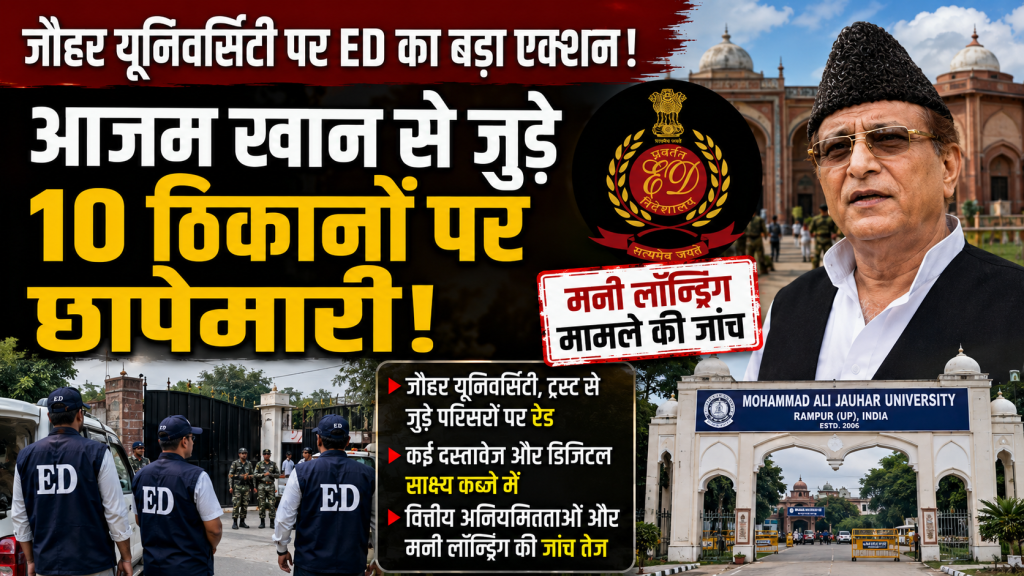 रामपुर की जौहर यूनिवर्सिटी और आजम खान से जुड़े ठिकानों पर ED की छापेमारी दर्शाता हुआ हिंदी न्यूज थंबनेल