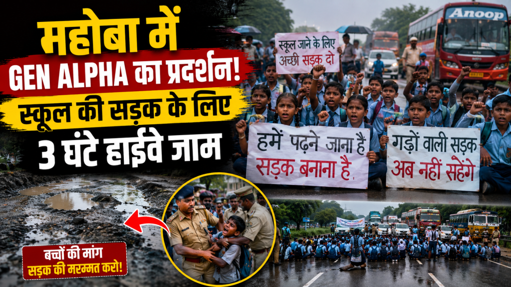 महोबा में स्कूल जाने की खराब सड़क के खिलाफ Gen Alpha छात्रों का प्रदर्शन