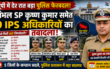 उत्तर प्रदेश में नौ IPS अधिकारियों के तबादले और संभल SP कृष्ण कुमार की नई तैनाती दर्शाता हुआ न्यूज थंबनेल