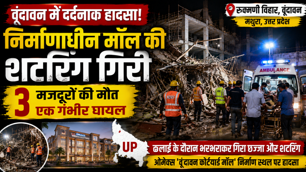 वृंदावन के रुक्मणि विहार में निर्माणाधीन ओमेक्स मॉल की शटरिंग गिरने के बाद राहत और बचाव अभियान का प्रतीकात्मक दृश्य।