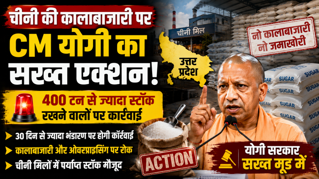उत्तर प्रदेश में चीनी की कालाबाजारी और जमाखोरी रोकने के लिए मुख्यमंत्री योगी आदित्यनाथ के सख्त निर्देशों का प्रतीकात्मक समाचार दृश्य।