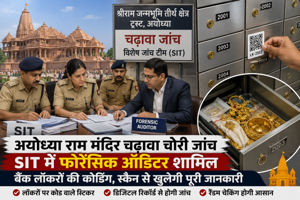 अयोध्या राम मंदिर चढ़ावा जांच में SIT की फोरेंसिक ऑडिट और बैंक लॉकरों की कोडिंग को दर्शाता हुआ न्यूज थंबनेल