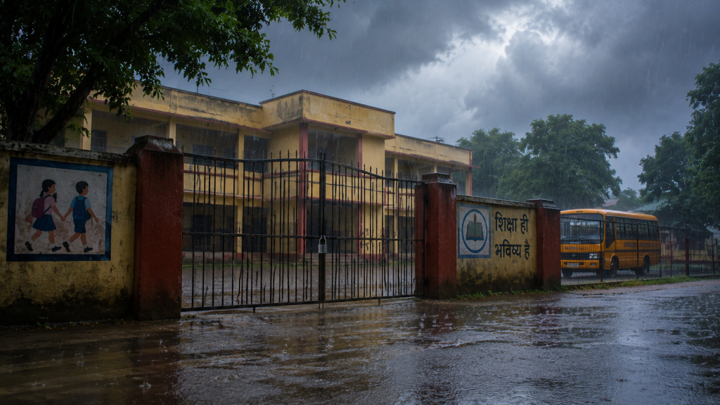 अंबेडकरनगर में भारी बारिश के कारण कक्षा 1 से 8 तक के स्कूलों में घोषित छुट्टी का प्रतीकात्मक दृश्य।