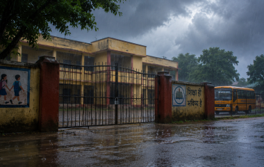 अंबेडकरनगर में भारी बारिश के कारण कक्षा 1 से 8 तक के स्कूलों में घोषित छुट्टी का प्रतीकात्मक दृश्य।