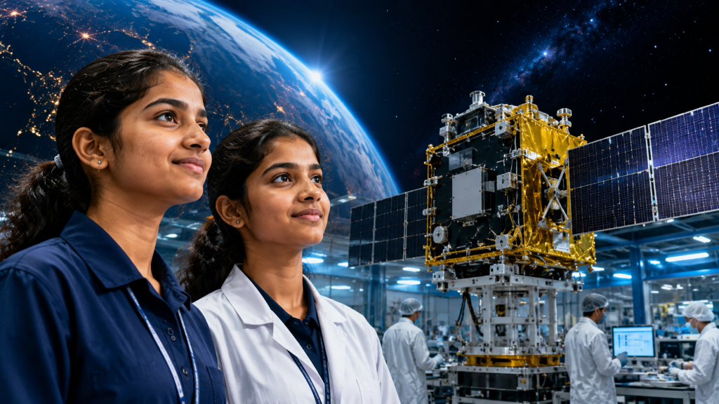 मेरठ की छात्राओं रिया और लावण्या के मिशन शक्तिसैट में सैटेलाइट निर्माण से जुड़ने का प्रतीकात्मक दृश्य।