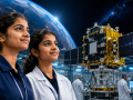 मेरठ की छात्राओं रिया और लावण्या के मिशन शक्तिसैट में सैटेलाइट निर्माण से जुड़ने का प्रतीकात्मक दृश्य।
