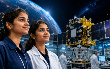मेरठ की छात्राओं रिया और लावण्या के मिशन शक्तिसैट में सैटेलाइट निर्माण से जुड़ने का प्रतीकात्मक दृश्य।