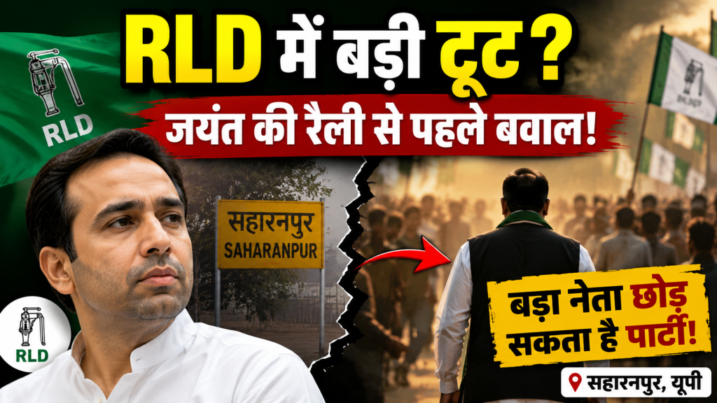 सहारनपुर में जयंत चौधरी की रैली से पहले राष्ट्रीय लोकदल में संभावित टूट की राजनीतिक हलचल का प्रतीकात्मक दृश्य।
