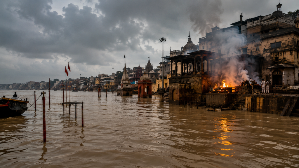 वाराणसी में गंगा का जलस्तर बढ़ने से मणिकर्णिका और अन्य घाटों में आई बाढ़ का दृश्य।