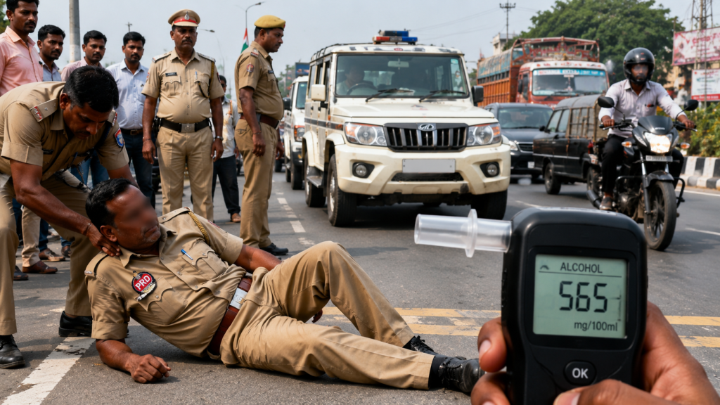 कन्नौज में ड्यूटी के दौरान सड़क पर लेटे PRD जवान और वायरल वीडियो से जुड़े मामले का प्रतीकात्मक दृश्य।