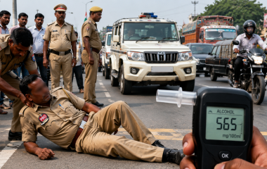 कन्नौज में ड्यूटी के दौरान सड़क पर लेटे PRD जवान और वायरल वीडियो से जुड़े मामले का प्रतीकात्मक दृश्य।
