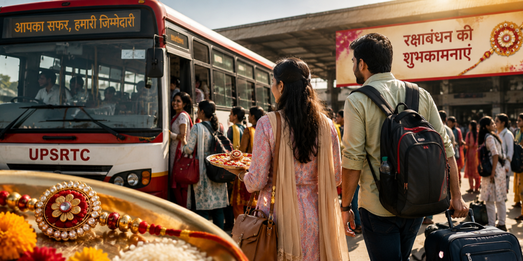 रक्षाबंधन के मौके पर यूपी रोडवेज बस में महिला यात्रियों की मुफ्त यात्रा का प्रतीकात्मक दृश्य।
