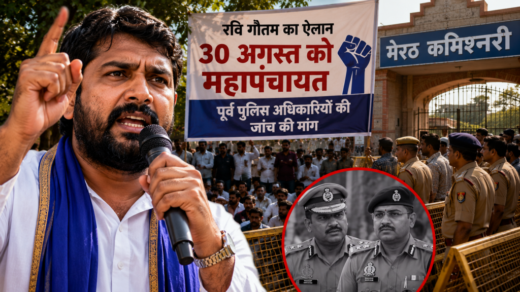 मेरठ के कमिश्नरी पार्क में धरने पर बैठे रवि गौतम और 30 अगस्त को प्रस्तावित महापंचायत से जुड़ा प्रतीकात्मक समाचार दृश्य।
