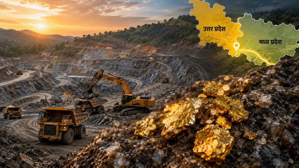 सोनभद्र की पहाड़ियों में प्रस्तावित स्वर्ण खनन और खनिज परियोजना का प्रतीकात्मक दृश्य।