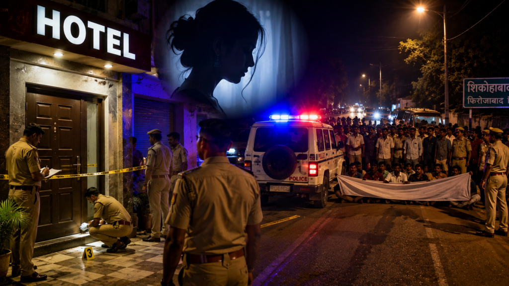 फिरोजाबाद के शिकोहाबाद में होटल में युवती की संदिग्ध मौत के बाद पुलिस जांच और प्रदर्शन का प्रतीकात्मक समाचार दृश्य।