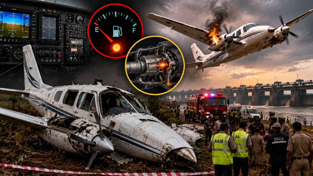कानपुर में दुर्घटनाग्रस्त Tecnam P2006T ट्रेनिंग विमान और विमान हादसे की तकनीकी जांच का प्रतीकात्मक दृश्य।